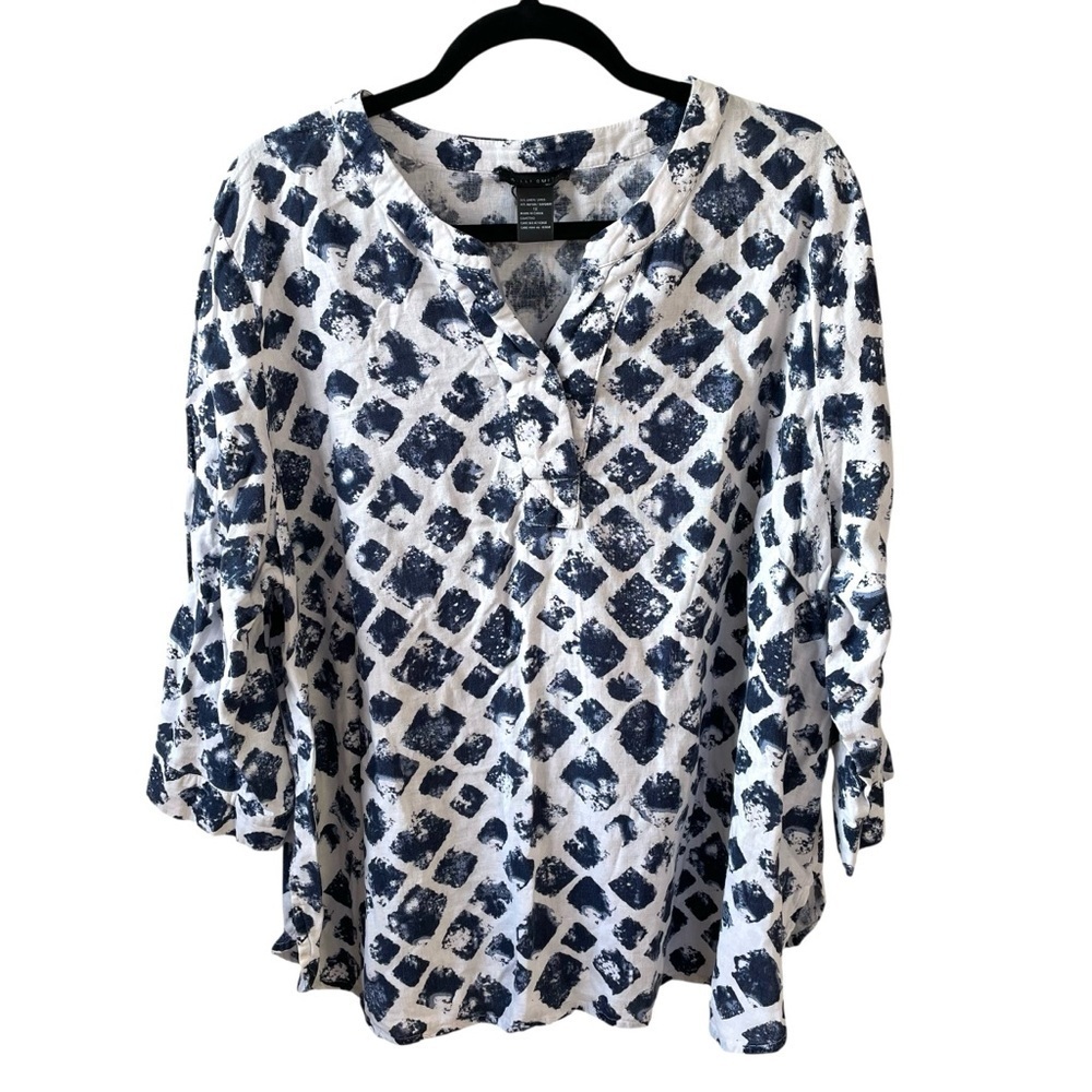 Willi Smith Linen Blend Geometric Print Popover Blouse Navy Blue White 1X